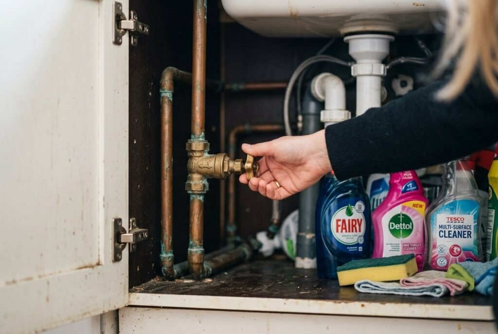 Hand turning off the stopcock under a kitchen sink