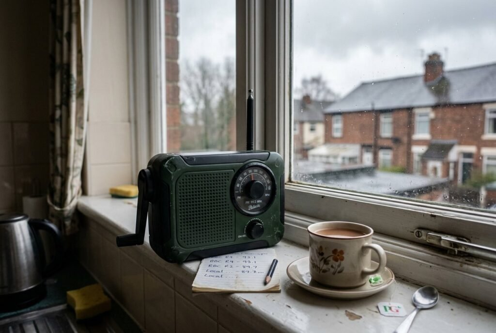 Wind-up radio on a kitchen windowsill with a mug of tea