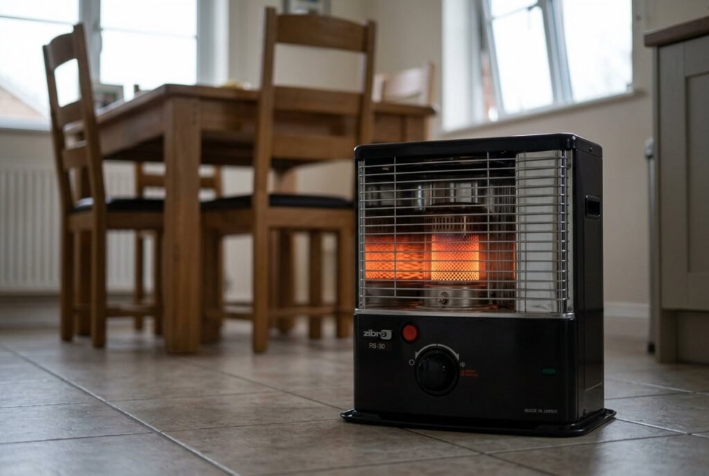 Zibro RS-30 paraffin heater glowing on a kitchen-diner floor